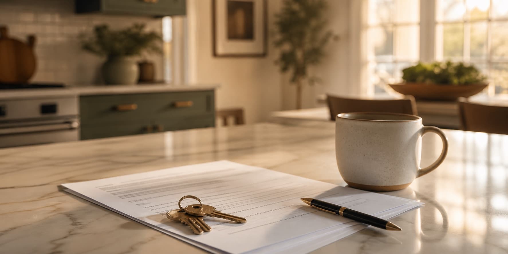 House keys, a contract, and morning coffee on a kitchen counter.